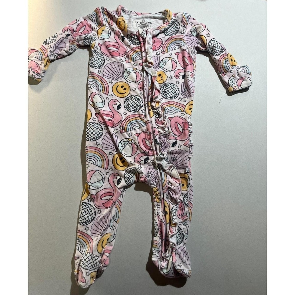 Caden Lane Bamboo Ruffle Footie Sleeper Flamingo Disco Rainbow Pink 0-3 Months